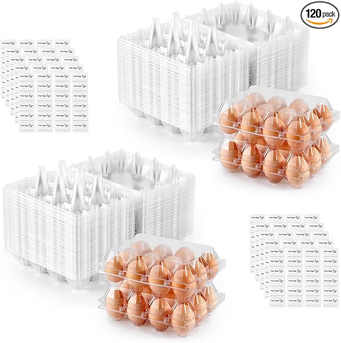120PCS Egg Cartons Cheap Bulk, Clear Egg Cartons for Chicken Eggs, Reusable Chicken Egg Container Bulk Egg Holders with Labels for Refrigerator, Storage, Family, Chicken Farm, Market