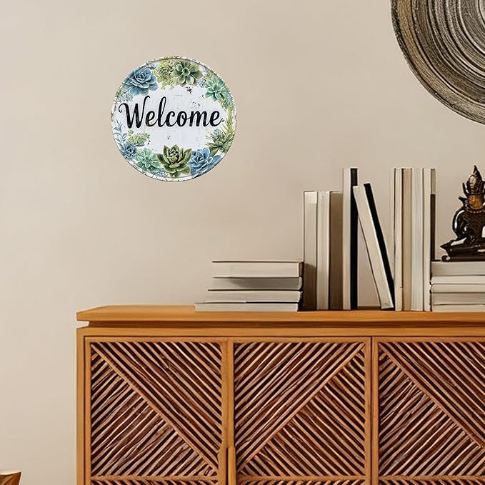 Round Welcome Wreath Aluminum Tin Sign Vintage Style Hanging Door Decor for Front Door Porch Entryway Outdoor Wall Art Decor 8x8inch