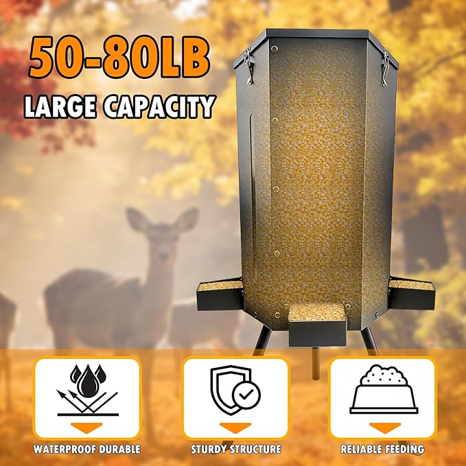 80 lbs Galvanized Steel Gravity Deer Feeder | Weatherproof & Anti-Rust Wildlife Game Feeder with 3 Feeding Trays & 3-Leg Stand | Automatic Corn Dispenser for Deer, Goats, Horses