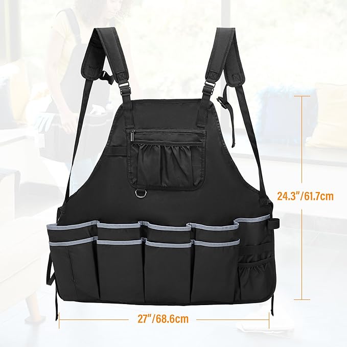 Large Cleaning Apron with Dual Shoulder Straps, House Cleaning Apron with Multiple Pockets for Housekeeping Work Supplies, Water-resistant Cleaning Caddy Apron for Women & Men (Apron Only)