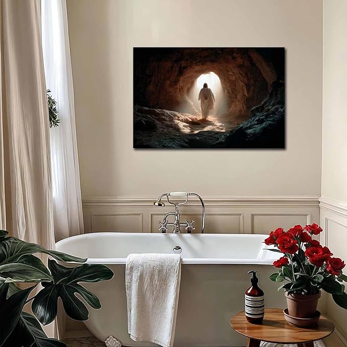 MNFGMH Easter Art Canvas Jesus at the Empty Tomb Religious Spring Easter Poster Christian Wall Decor for Home Wooden Frame 12x18 inch