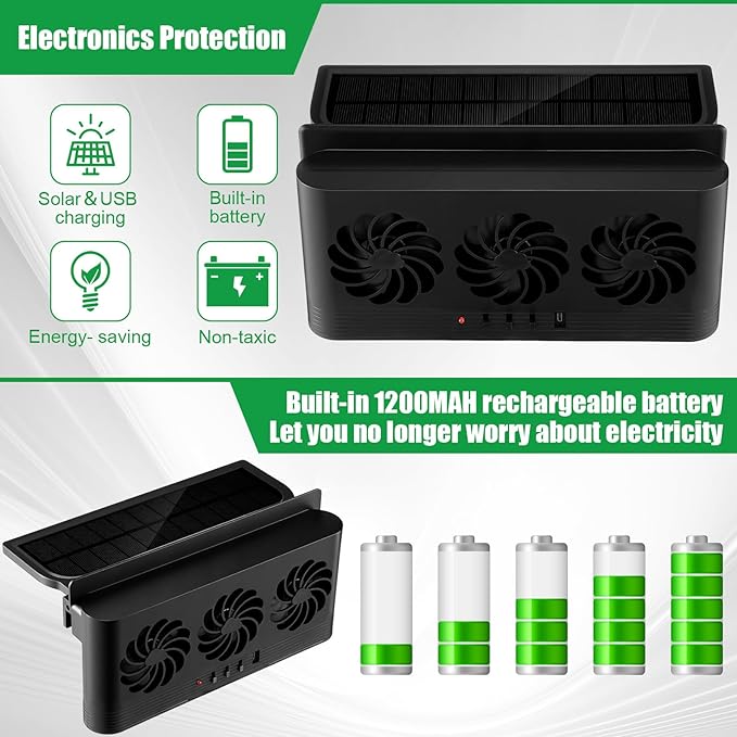 2 Pack Solar Powered Car Exhaust Fan 3 Fans Car Window Air Vent Radiator Solar Energy Cooling Vent Exhaust for General Types(Solar & Battery & USB 3 Fans,Black)