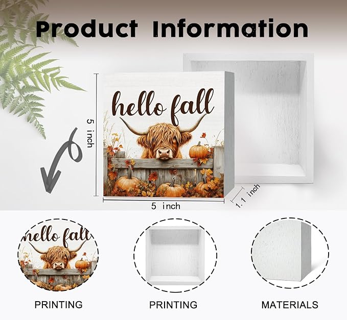 Fall Highland Cow Sign - Fall Farmhouse Highland Cow Decor Decorations Gifts For Home Office,Rustic Farm Hello Autumn Pumpkin Maple Leaf Home Decor Signs