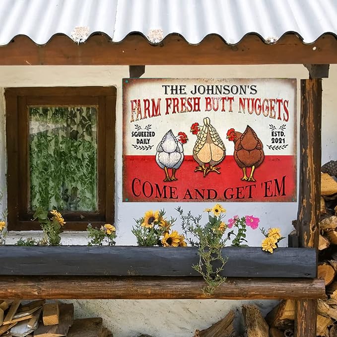 Personalized Fluffy Butt Hut Chicken Coop Sign, Custom Farmhouse Metal Sign with Spoiled Hens Wall Art, Funny Backyard Chicken Decor for Coop, Barn, Farm, Rustic Vintage Style DS3