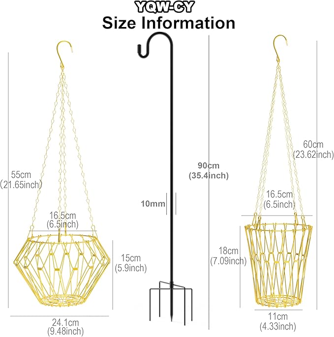 Hanging Chicken Feeder with Shepherd's Hook, Foldable Chicken Vegetable Feeder, Golden Poultry Fruits Feeding Holder Basket with Hanging Chain for Chicken Coop Accessory