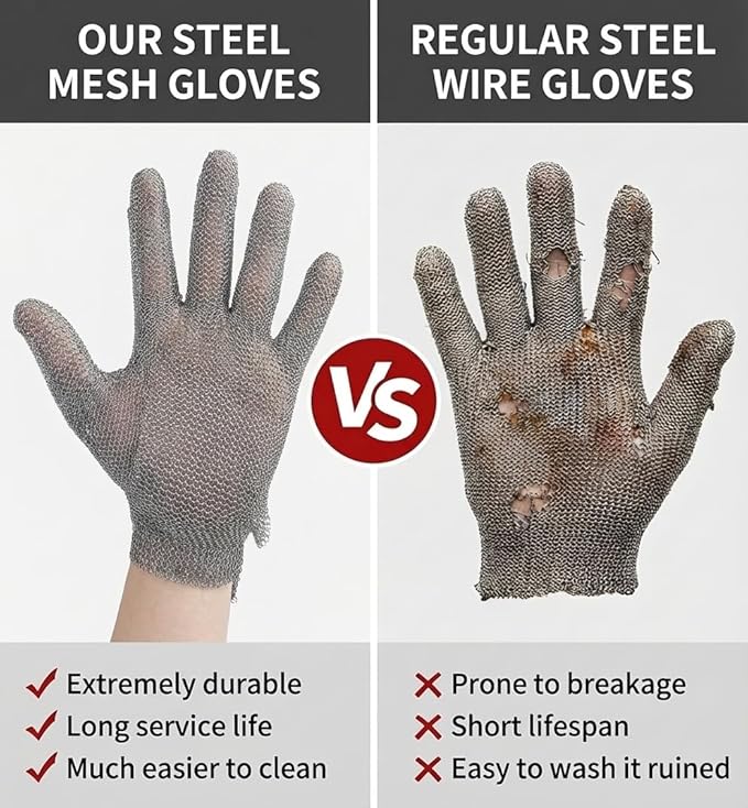 ANSI A9 Cut Resistant Stainless Steel Metal Mesh Chain Mail Glove,Butchers Gloves Food Grade For Kitchen Cooking, Oyster Shucking, Glass Processing, Tool Sharpening, 5 Finger, (M)