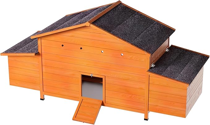 Large Wooden Chicken Coop Outdoor Hen House with Nesting Box，Walk-in Poultry Cage with Secure Locks, Metal Mesh Run for Backyard Farm Use (Brick red 67.7")