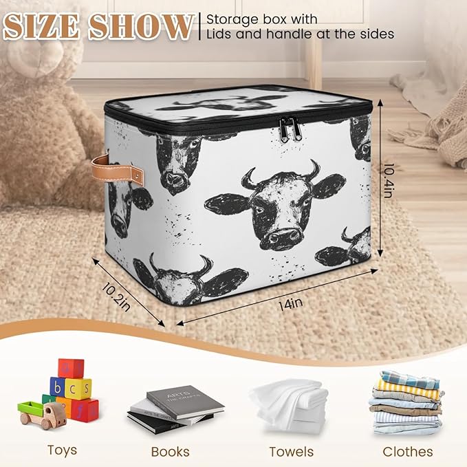 Storage Cubes with Lid Fabric Storage Bins Boxes PU Leather Handles, Farm Cow Closet Organizer Container Foldable Washable Shelf Cloth Basket, Wild Animal Cow