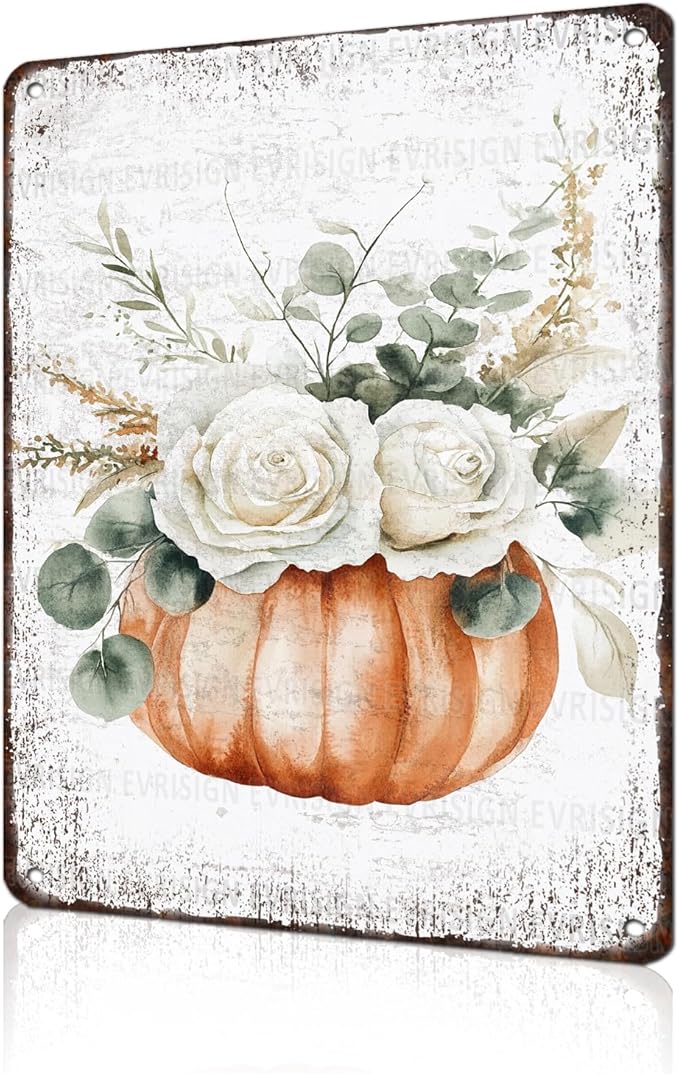 Vintage Pumpkin Metal Sign Fall Thanksgiving Tin Art Farmhouse Wall Decor for Home Cafe Bar Kitchen 12x16Inch