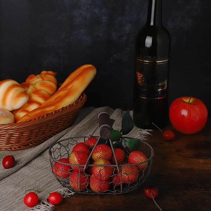 Rustic Wire Egg Basket for Fresh Eggs Gathering, Farmhouse Metal Eggs Holder with Wood Handle, Vintage Kitchen Countertop Storage Basket for Fruits Vegetables Bread, Black Wire