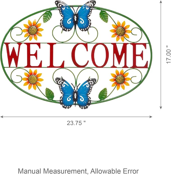 Glitzhome Metal Welcome Sign for Outdoor & Indoor - Rustic Farmhouse Wall Decor Sunflower & Butterfly Garden Art for Porch Patio Yard