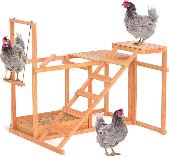 Chicken Coop, Chicken Perches with Swing Toy & Ladder & Platforms & Food Storage, Poultry Coop Cage Accessory Toy Outdoor for Entertainment Backyard Farm