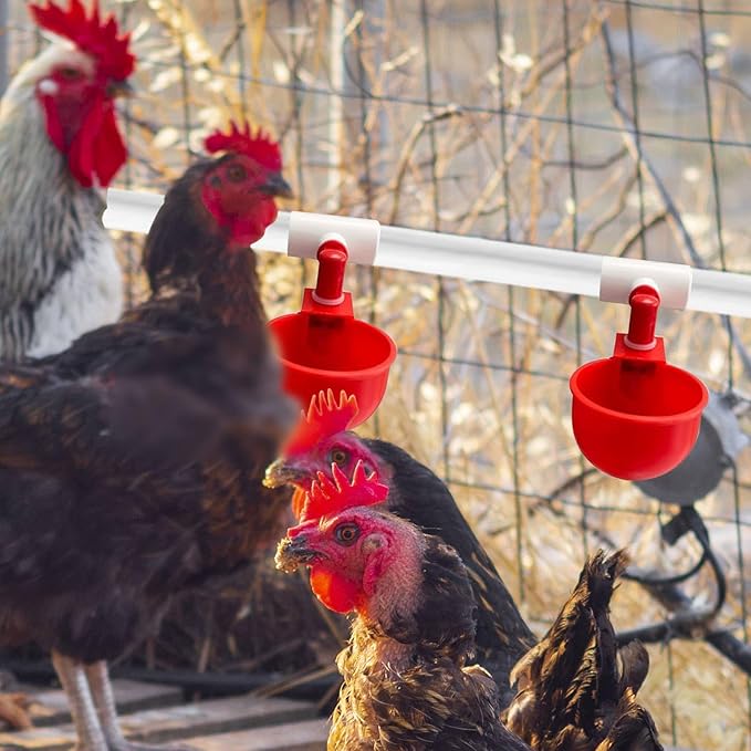 Complete Set Pipeline Automatic Chicken Watering System, DIY Chicken Waterer System with PVC Pipe, Stainless Steel Hose, Chicken Water Cup and Float Valve, Easy to Install(No Bucket Included)