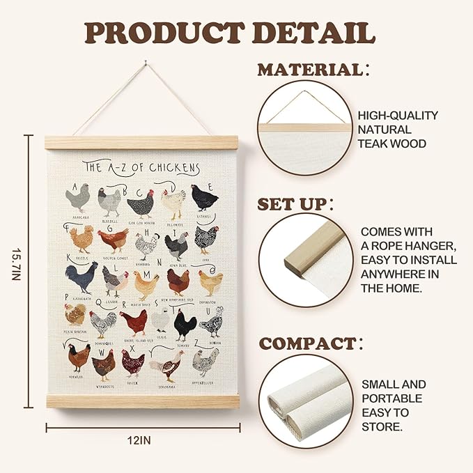 AQYIP Chicken Breeds Alphabet Wall Art Decor, Chicken Lover Gifts, Rooster Hens ABC Poster Canvas Prints for Home Kitchen Kids Room Classroom Wall Decoration, 12x16 Inch, Rustic Farmhouse Decor