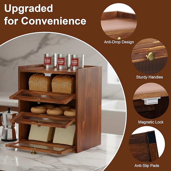 Bread Box for Kitchen Countertop, Bin 3 Layer Bread Storage Container, Wooden Breadbox Holder, Large Capacity Food Organizer, Vintage Multi-functional Container, Pantry Shelf with Acrylic Window