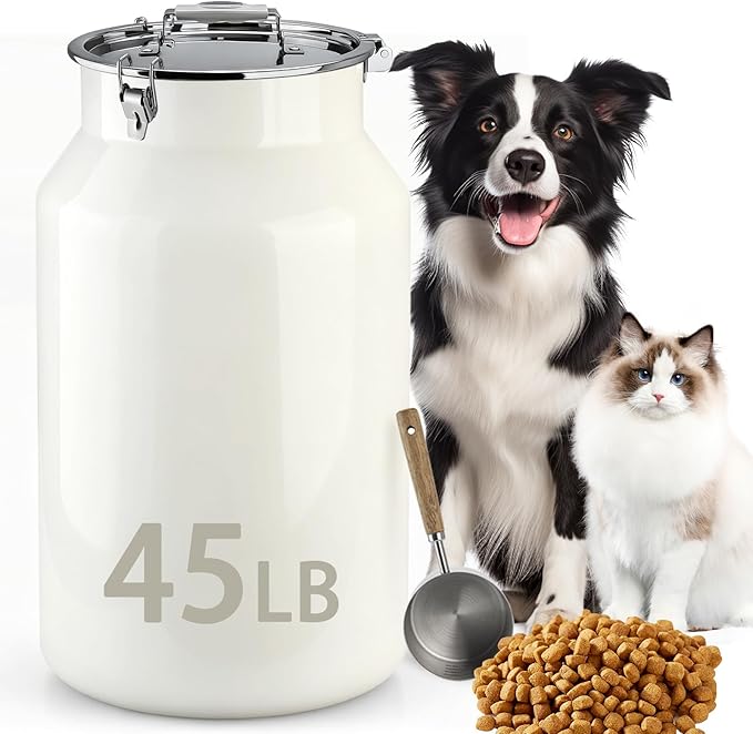 Dog-Cat Food Storage Container 45 lb/48 Qt, Large Stainless Steel Pet Food Bin with Airtight Lid & Scoop Included, Durable 304 Metal Storage for Dogs & Cats