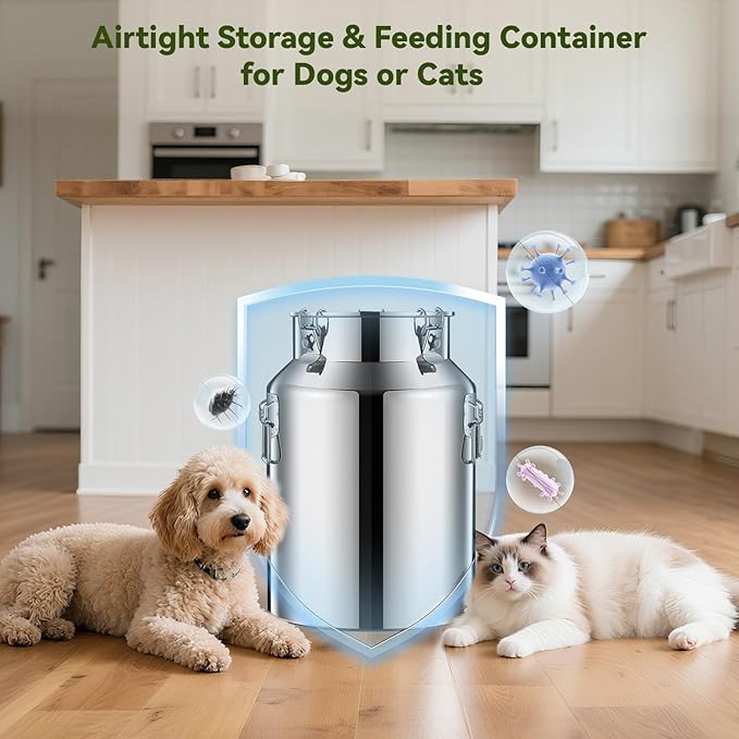 Newget 16lb Stainless Steel Dog Food Storage Container, Metal Pet Storage Container with Airtight Hangable Lid to Keep Food Fresh, Large Cat Food Storage Container with Scoop to Easily Clean
