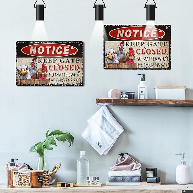 Funny Chicken Signs for Coop - Outdoor 8"x12", Keep Gate Closed - Metal Tin Signs - Retro Farmhouse Decorations - Chicken Coop Accessories