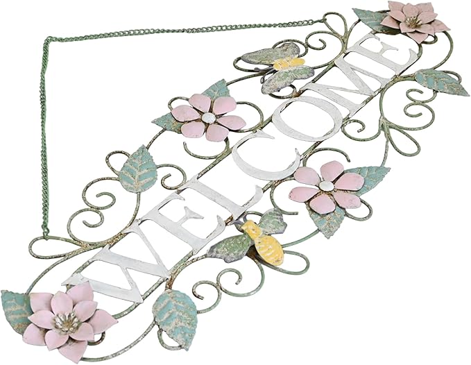 Queltharion 23.6'' L Vintage Metal Welcome Sign Hanging Decor Rustic Distressed Butterfly Bee Flora Welcome Wall Art Decoration for Outdoor Front Door Garden Farmhouse Porch Patio Yard Plaque Pink