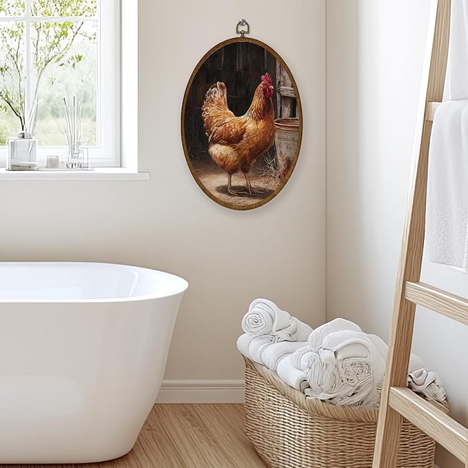 WULQYING Vintage Farmhouse Chicken Wall Art Decor, Rustic Country Chicken Oval Framed Canvas Art Prints, Retro Cottagecore Farm Animal Wall Hanging Decor for Home Bedroom Living Room, 8.6x11.4 Inches