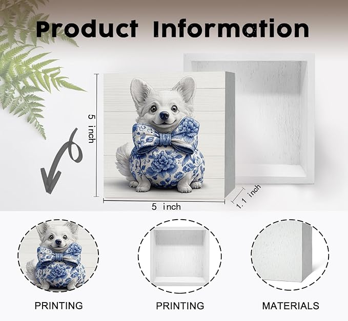 Chinoiserie Corgi Wooden Signs, Grand Millenial Bow Blue Floral Home Decor, Blue and White Porcelain Desk Decorations, Farm Animal Office Kitchen Bathroom Decor