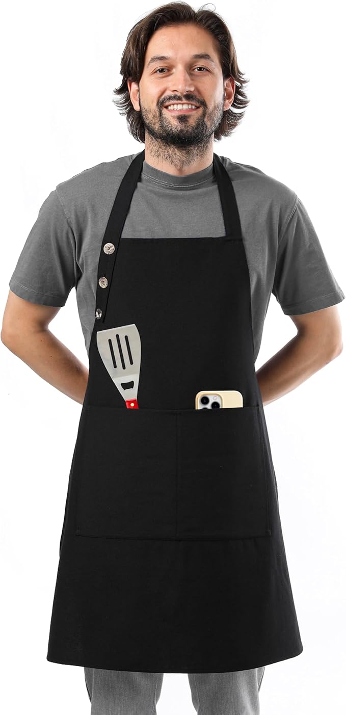 TOSHE Kitchen Apron Waterdrop Resistant Cotton Apron with adjustable Aprons for Women with Pockets 10 Color option Cooking Black Apron (Black)