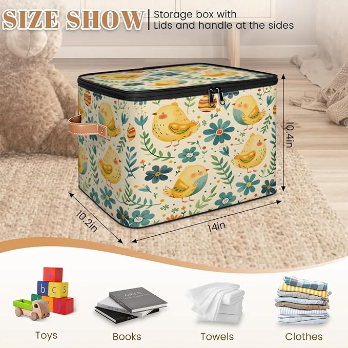 Storage Cubes with Lid Fabric Storage Bins Boxes PU Leather Handles, Farmhouse Chicken Closet Organizer Container Foldable Washable Shelf Cloth Basket, Vintage Farm Chicken