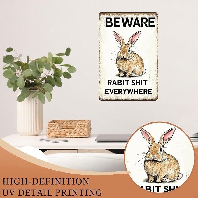 Easter bunny Tin Sign Retro Fun Metal Sign BEWARE RABBIT SHIT EVERYWHERE for Home Living Room Garden Yard Outdoor Wall 8X12Inch