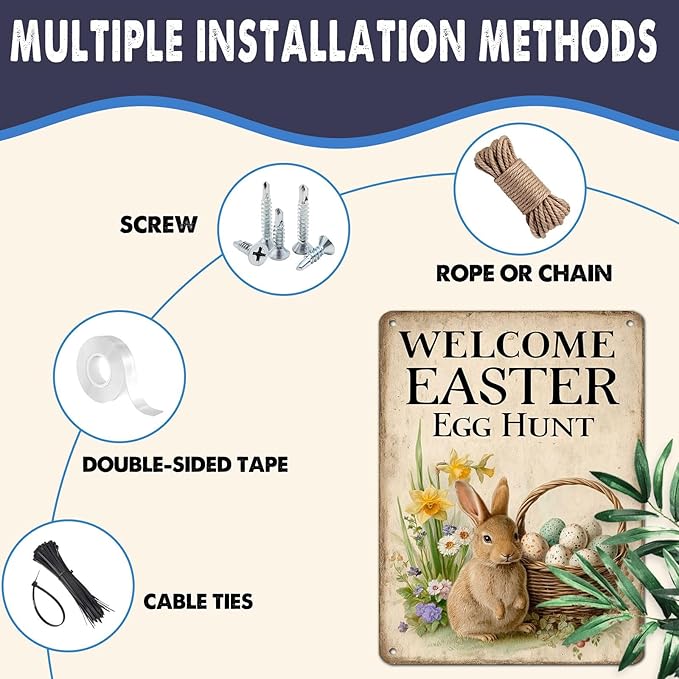 Easter Bunny Vintage Tin Sign Welcome To Our Egg Hunt Metal Sign Suitable For Gardens, Homes, Apartment Walls 12X16Inch