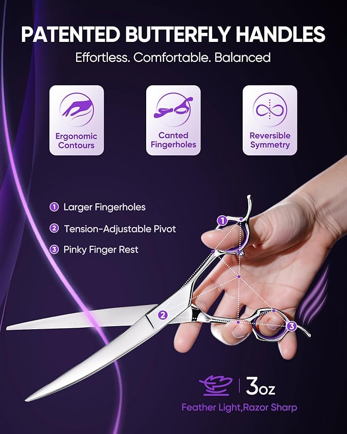 ULG 30° Curved Dog Grooming Scissors 440C Stainless Steel, 7.5" Professional Pet Grooming Shears with Reversible Butterfly Handles, Dog Scissors for Grooming Face, Eyes, Paws & Body