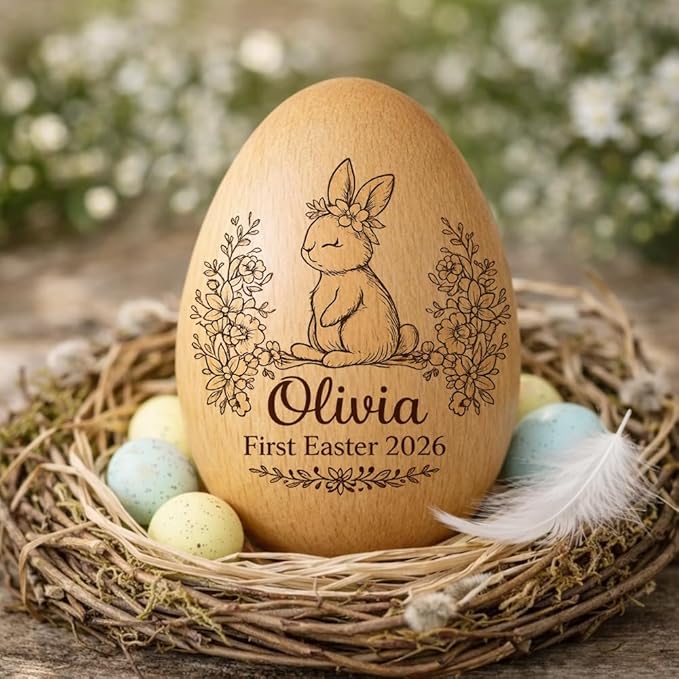 Personalized Wooden Easter Egg – Custom Engraved Bunny Name Egg, Baby First Easter Keepsake Gift, Rustic Wood Bunny Decor, Cute Basket Stuffer for Kids, Spring Holiday Gift for Baby Boy Girl/7