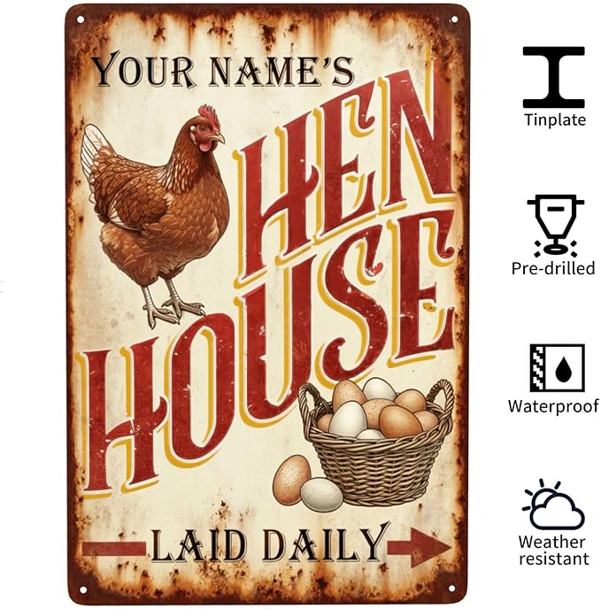Custom Name Hen House Tin Sign, Personalized Vintage Style Chicken Coop Sign Decor, Rustic Farmhouse Metal Plaque, Ideal Farmhouse Decor for Coops & Home
