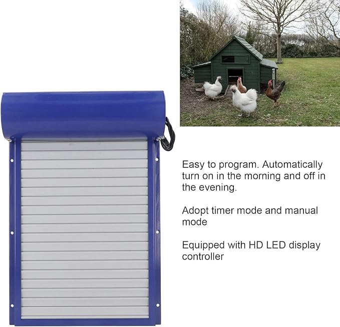 Automatic Chicken Coop Door Solar Powered with Programmable Timer LED Display for Secure Poultry Access Metal and Plastic Construction Two Modes Manual or Time Control