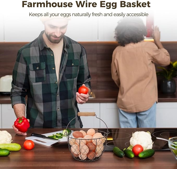 Farmhouse Style Chicken Egg Baskets, 2 Pcs, Metal Egg Holders with Wooden Handle, Stackable Storage for Fruits, Vegetables, and Sundries