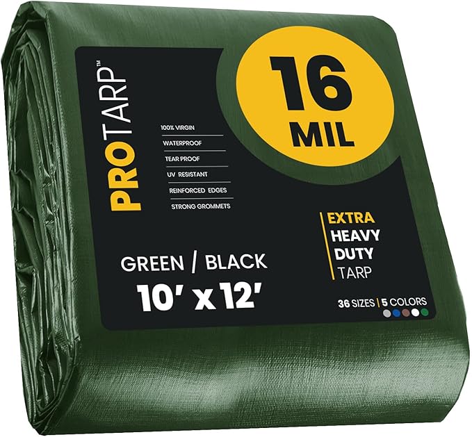 PROTARP Extra Heavy Duty 16 Mil Tarp Cover, Waterproof, UV Resistant, Rip and Tear Proof, Poly Tarpaulin with Reinforced Edges for Roof, Camping, Patio, Pool, Boat. (Green/Black 10′ X 12′)