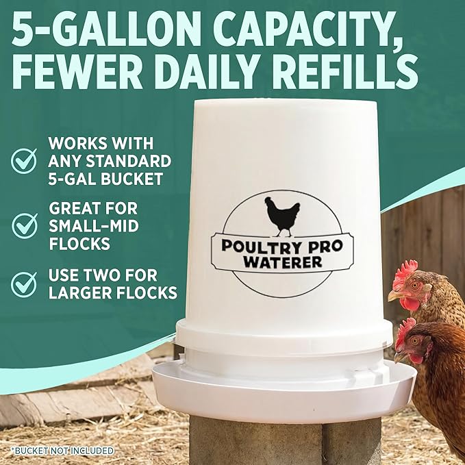 Poultry Pro Chicken Waterer - DIY Automatic Poultry Waterer 5 Gallon Bucket System for Poultry Coop, Hands Free Gravity Feeder for Chickens, Ducks, Pigeons & Small Birds - Fits All 5 Gallon Buckets