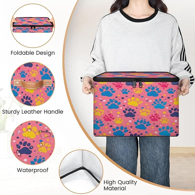 Storage Cubes with Lid Fabric Storage Bins Boxes PU Leather Handles, Dog Pet Paw Print Closet Organizer Container Foldable Washable Shelf Cloth Basket, Paw Print Colorful