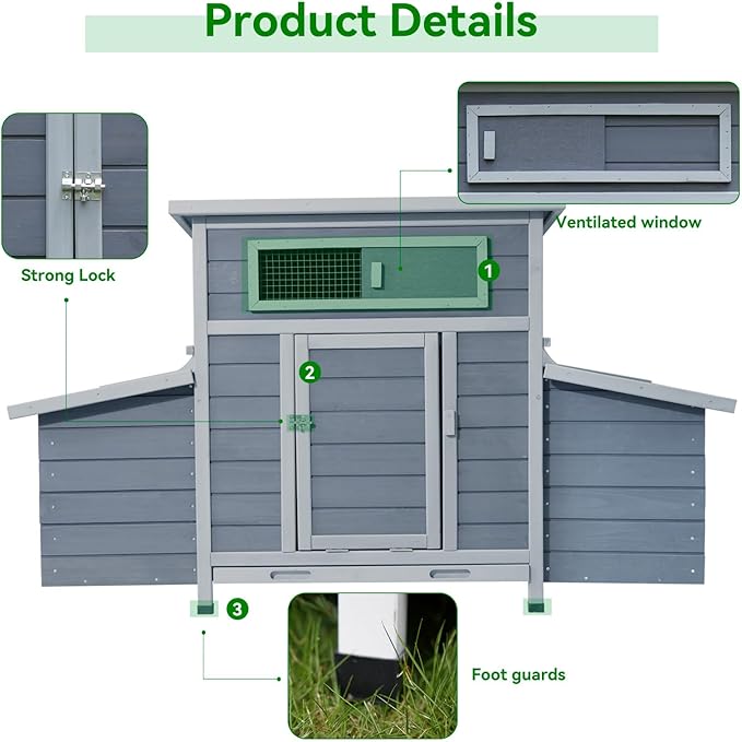 Large Wooden Chicken Coop Outdoor Hen House with Nesting Box，Walk-in Poultry Cage with Secure Locks, Metal Mesh Run for Backyard Farm Use (Gray 57.38")