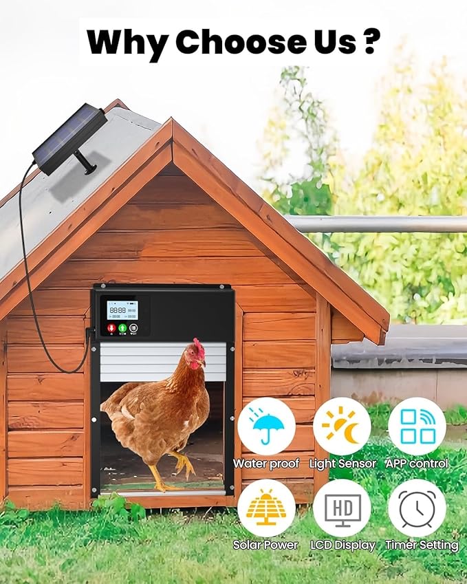 2025 Upgraded Solar Powered Automatic Chicken Door, WiFi Remote Control Chicken Coop Door, with LCD Display & Timer & Light Sensor, Chicken Door with Anti-Pinch Design