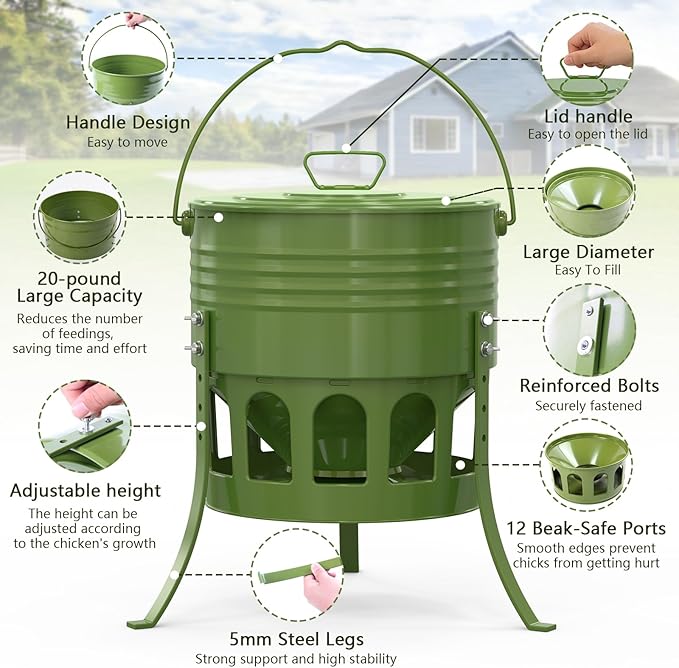 Metal Chicken Feeder No Waste, 20 Lbs Large Automatic Chicken Feeder with 12 Ports, Adjustable Height Poultry Feeder with Lid & Handle, Rat Proof Rust Proof Feed Box for Poultry & Backyard Chickens