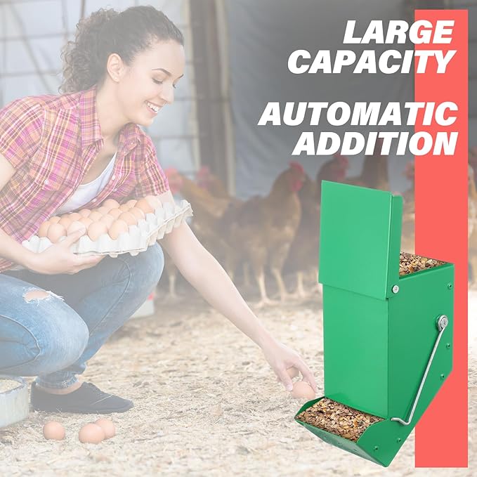 Zonon 2 Pcs Chicken Oyster Shell and Grit Feeder Metal Automatic Feeder with Lid Chicken Coop Accessories Multiple Installation Methods for Hens Chicks Cages Wall Pillar(Green and Red)