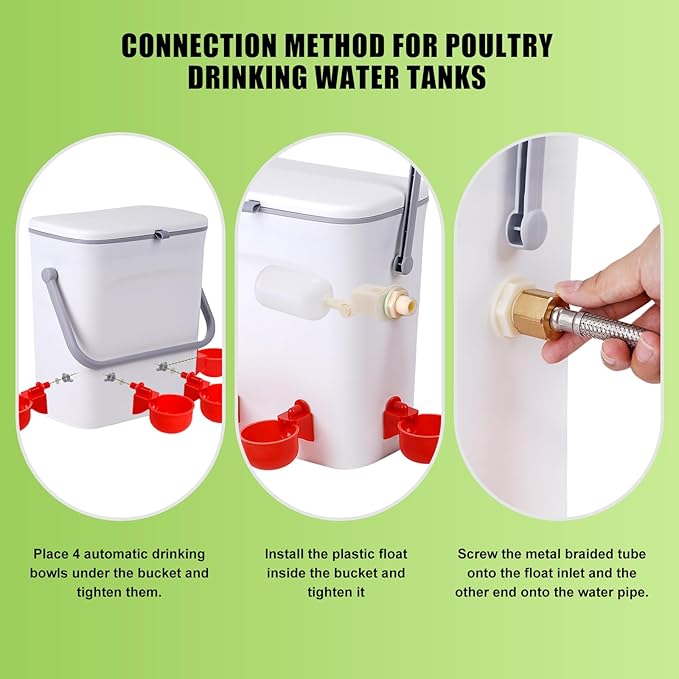 Automatic Chickens Waterer with Float Valve, 2 Gallons Poultry Water Feeder Drinking Dispenser with 4 Water Cups, Chicken Drinker with Hose Attachment for Chicks, Gooses, Ducks, Turkeys