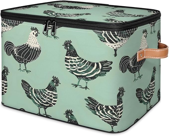 Modern Farmhouse Animal Chicken Storage Bins With Lids Fabric Collapsible Storage Box with Leather Handles for Home Bedroom Foldable Closet Shelf Organizer