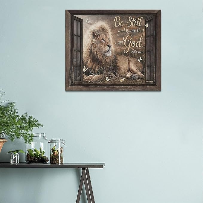 Lion Wall Art Rustic Farmhoues Christian Lion Wall Decor Lion Of Judah Pictures Canvas Prints Artwork Inspirational Psalm Scripture Gifts Home Decorations For Bathroom Kitchen Office Framed 24"x20"