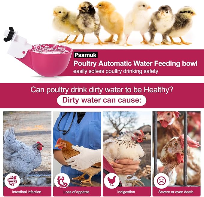 Chicken Waterer Cups (16 Pack/Purplish Red) - DIY Automatic Large Chicken Water Feeder for Ducks Quail and Various Poultry Dispenser with Matching Drill, Double Rubber Ring, Not Leaking Wate