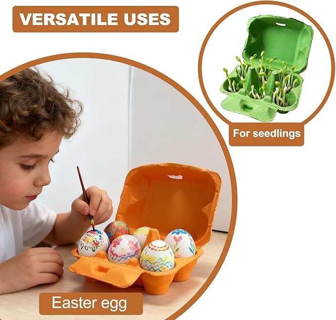 Reusable Egg Cartons, Paper Pulp Material, 50 Pack, Pink Yellow Orange Red Colors, Farm Fresh Eggs Storage Container (Orange)