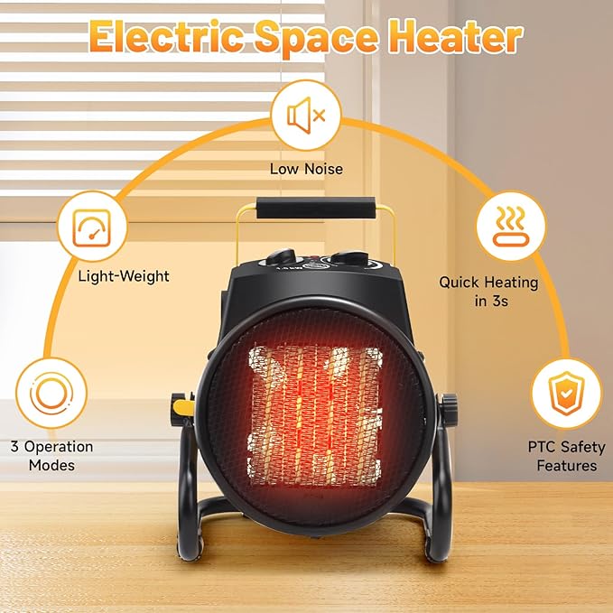 Outdoor Heaters for Patio, 1500W Electric Garage Heater with Overheat Protection, 3S Fast Heating, 3 Modes, Portable Space Heater for Patio, Garage, Greenhouse, Indoor, Orange