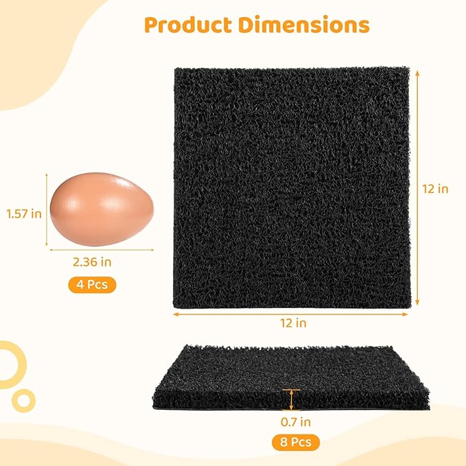 8 Pcs Chicken Nesting Pads, Washable Nesting Box Liners for Chicken Coop, Reusable Plastic Nest Box Pads with 4 Pcs Fake Wooden Eggs, Chicken Laying Mats, 12×12×0.8 inch