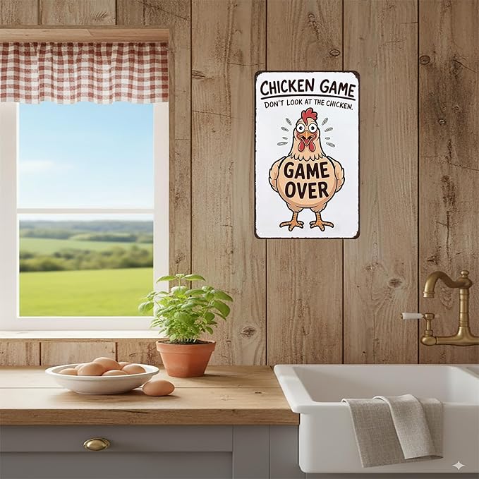 Funny Chicken Game Don't Look At The Chicken Vintage Tin Sign for Home Farm Chicken-Coop Kitchen Garden Yard Decor 8X12 Inch (3937)