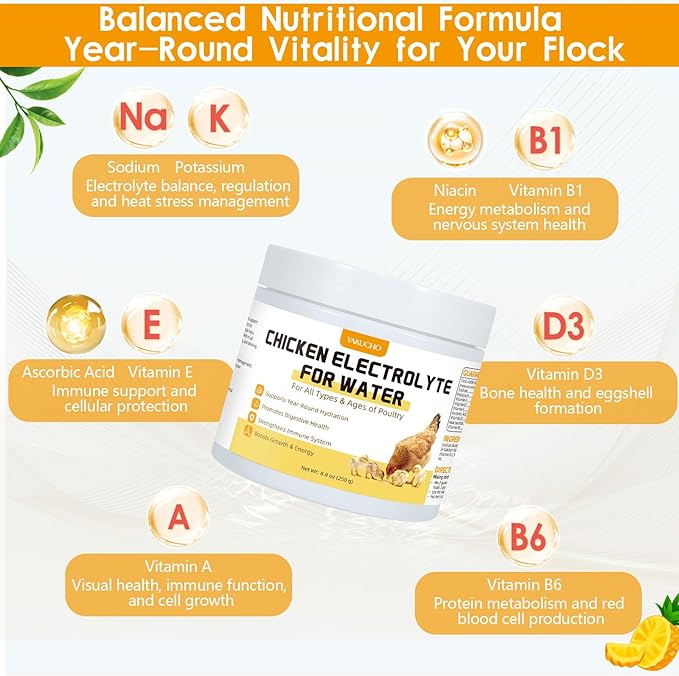 Yakucho Chicken Electrolytes for Water, Poultry Vitamins with Probiotics, Hydration, Immunity & Digestive Support, for Chicks, Adult Birds, Chickens, Ducks & Turkeys, 8.8oz Chicken Supplement Powder